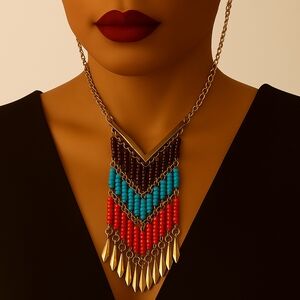 Colorful Beaded Fringe  Bohemian Chevron  Necklace - Women's Statement Jewelry